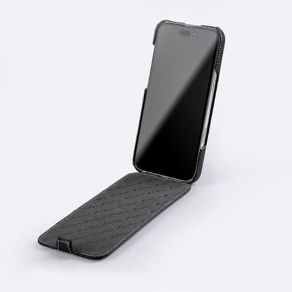 MELKCO Magnetisk Veske til iPhone 16 Vertikal Flip Ekte Skinn+PC Støtsikkert Deksel - Svart