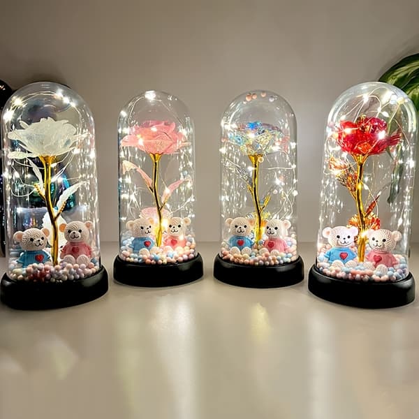 Illuminated Rose Decoration in Clear Dome, Battery-Operated Table Decoration 1pc Illuminated Whi 1pc Illuminated Whi