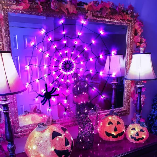Halloween-dekorasjon, Halloween spindelvevsdekorasjon LED spindelvevslampe med plysj