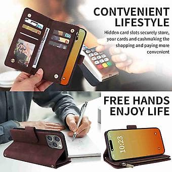 Læderpung-etui med lynlås til iPhone 15 Pro Max (brun)