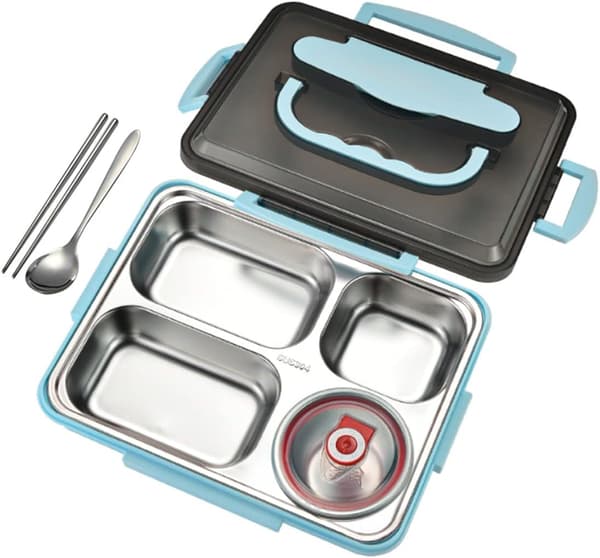 304 Rustfrit Stål Bento Boks & Bestik Pinde Ske, Lækagesikker 2000ml 4 rum & Skål, Blå farve