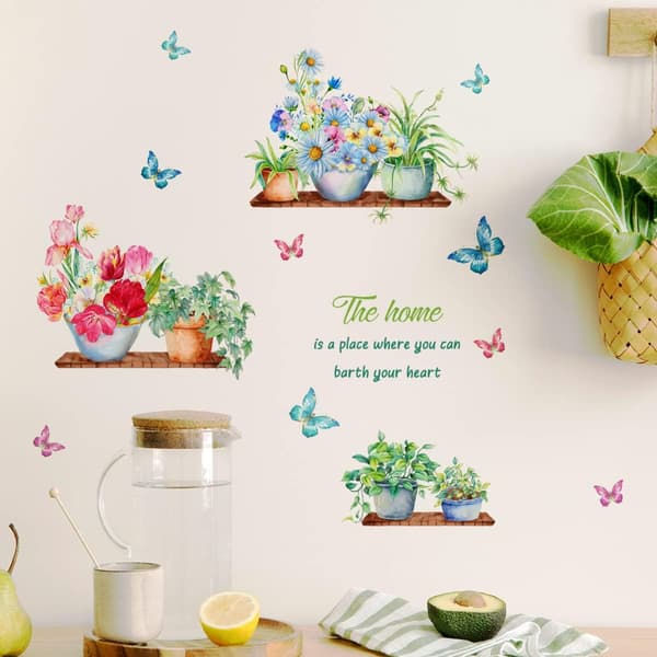 Wall Stickers Green Potted Plants Butterfly Flower Plant Wall Decal