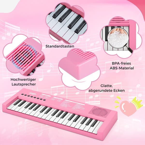 Rosa keyboardpiano til børn, 37 tangenter, 8 rytmer, USB og batteri