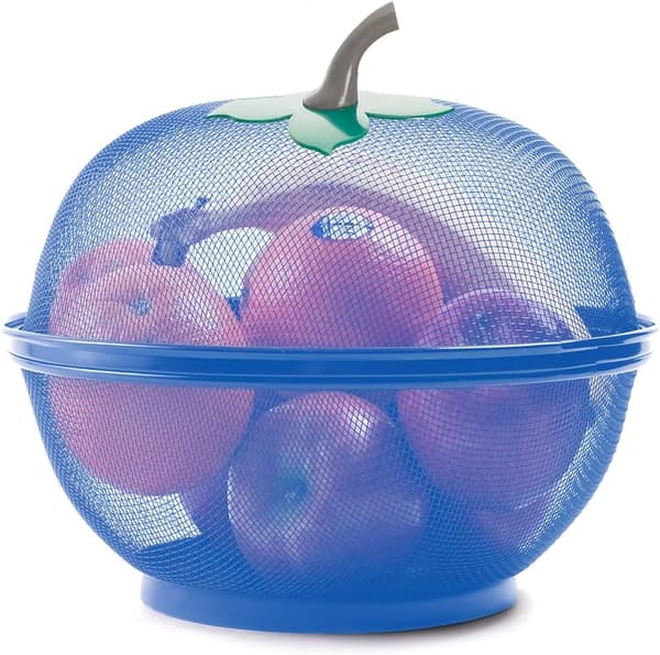 Apple-shaped fruit basket with net and lid, vegetable table holder, keeps unwanted pets and insects away, dish drying basket for kitchen Blue Blue