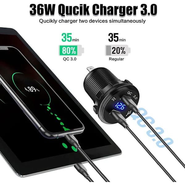 Two-hole panel, charging 3.0 dual USB car charger + 12V/24V socket for car motorcycle boat ATV RV