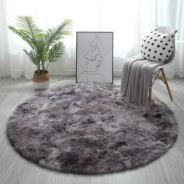Fluffy, lodden rundt teppe for stue og soverom i mørkegrått 140cm Mørkegrå 140cm Dark Grey
