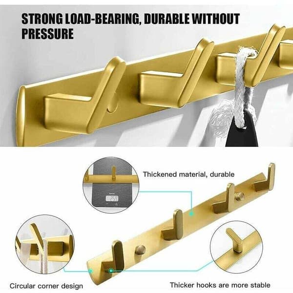Jalleria Gold Wall Mounted Coat Rack with 4 Hooks, Aluminum, Wall Mounted, 35 x 3.3 cm, Maximum Load 3.6 kg per Hook