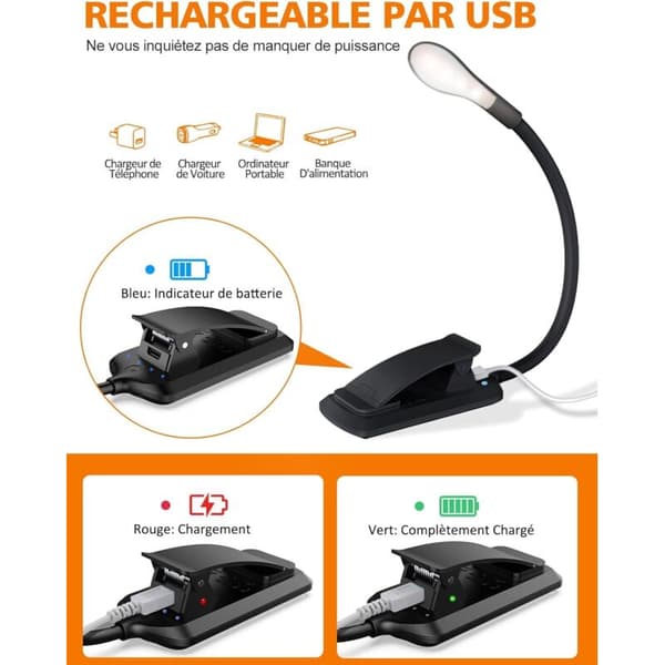 Reading Light, 7 LED USB Rechargeable Clip On Book Light with 9 Lighting Modes (3 Colors: Warm, Cool & Natural), 360° Flexible Neck Reading Lamp