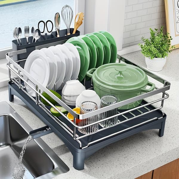 304 Stainless Steel Dish Rack 360° Rotating, Automatic Drainage Large Capacity Drying Rack with Cutlery Holder
