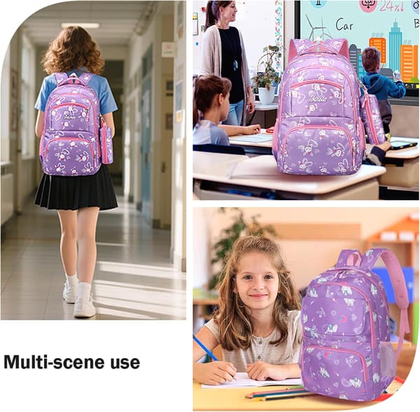 Elementary School Backpack Two-Piece Lightweight Breathable Waterproof Backpack Girls School Bag With Storage Bag Purple