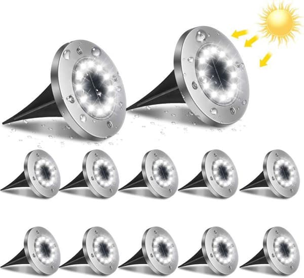 12LED Solcellelampe Utendørs, 12 stk. Hagelys 6000K Vanntett IP65 Solcellelampe Innfelt Spotlight