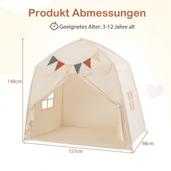 Legetelt til børn med flag og lys, stort beige legetelt