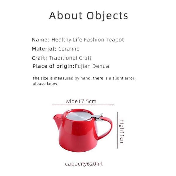 Red Ceramic Teapot with Lid and Strainer for Loose Teas, Serves One or Two