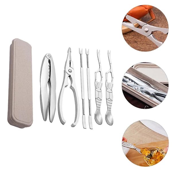 1 Set/6 Pcs Stainless Steel Crab Crackers Crab Tools Seafood Tools with Case 17.8X3X1CM
