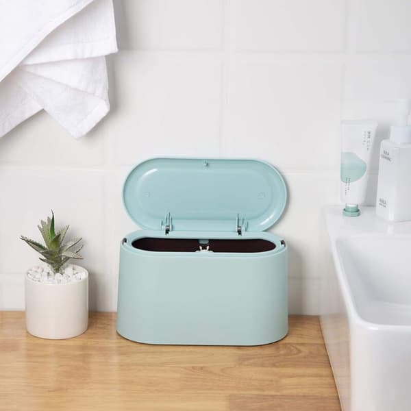 Mini Trash Can Press Trash Can Lid Makeup Holder Vanity Bathroom Kitchen Car Desk (Light Blue)