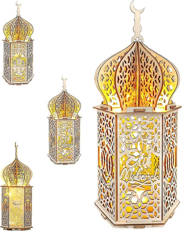 3 dele DIY Ramadan trælampepynt, Mubarak Ramadan LED-lampe til Ramadan-dekorationer