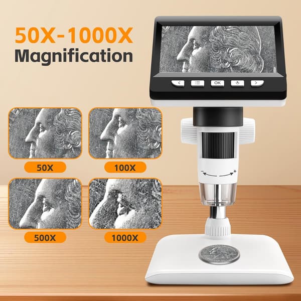 Digital Microscope for Kids/Adults, 4.3-inch Screen, 50-1000x Magnification, 8 Adjustable LED Lights.