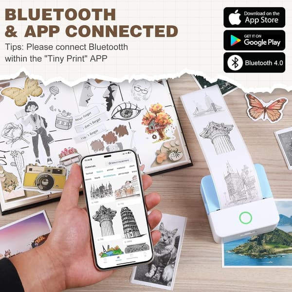 Minivarmeprinter, Trådløs Etiketprinter med Bånd, Kompatibel med iOS og Android Bluetooth