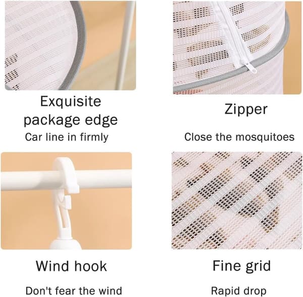 Hanging Drying Net Rack, 3-Layer Foldable Mesh Dryer with Zipper, Nylon Steel Frame for Herbs, Fruit, Fish, Vegetables, Clothes, White 104x70x50cm