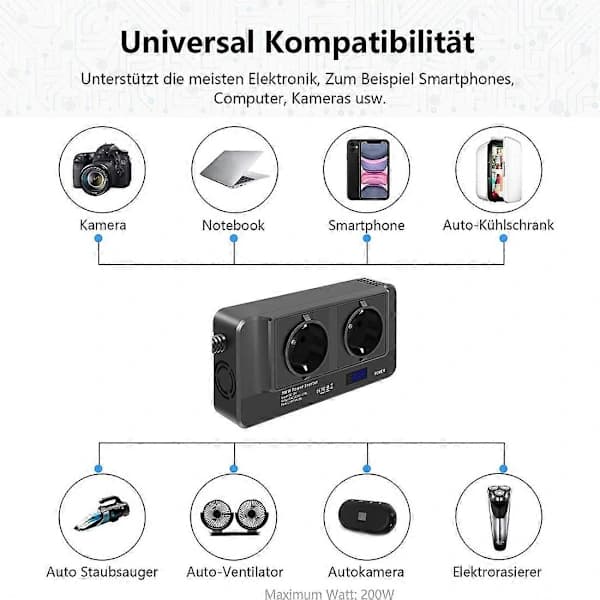 200W Bilomformer, Spenningsomformer 12V til 220V med LCD, (EU-plugg)