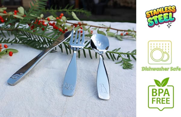 Stainless Steel Kids Cutlery Set, 3-Piece, Including: Fork, Safety Knife and Spoon - Dinosaur Pattern-FX-