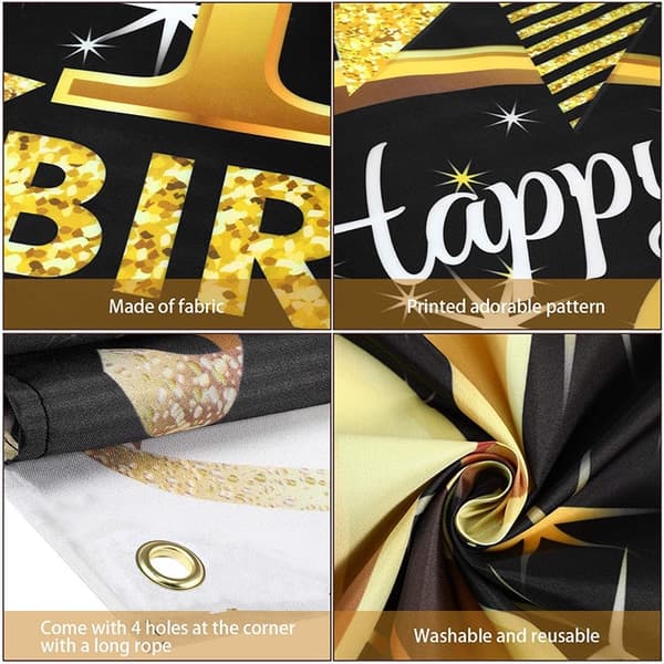 18 festdekorationer i sort guld, Happy Birthday Banners Party