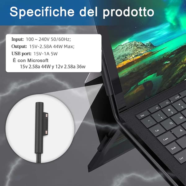 44W 15V 2.58A Lader Strømadapter for Microsoft Surface Pro 7/Pro 6/Pro 5/Pro, med USB-port