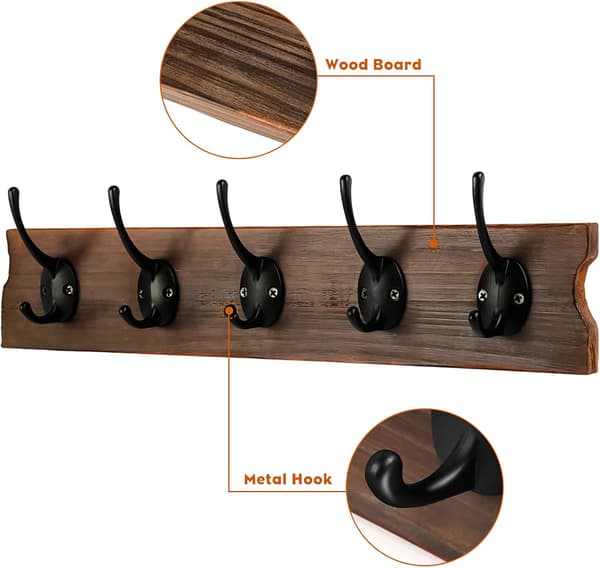 Wall Mounted Coat Hooks, Wooden Coat Hook for Coat, Hat, Towel, Robe, Kitchen, Bathroom, Entryway (Dark Brown, 1 pc)