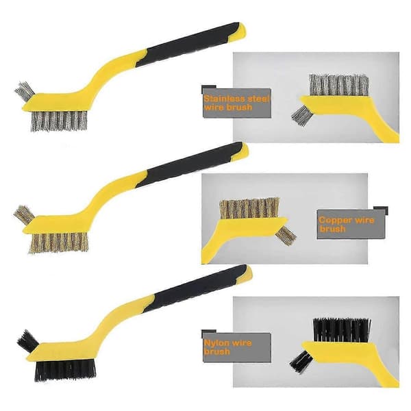 3 stk. stålbørstesett i nylon/messing/rustfritt stål med buet håndtak for rust, smuss og P
