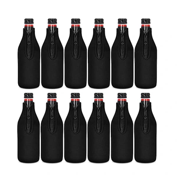 Neoprene Beer Bottle Sleeves - 12 Pack with Zipper, Insulated Covers to Keep Drinks Cold Black