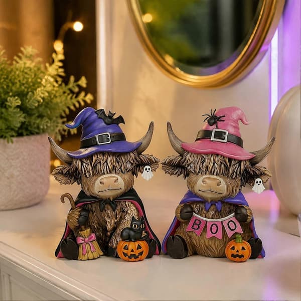 2 stk. Highland Ko-figurer, Halloween Boo Græskar Spøgelse Highland Ko-statue med Heksehat, Træ 1 sæt