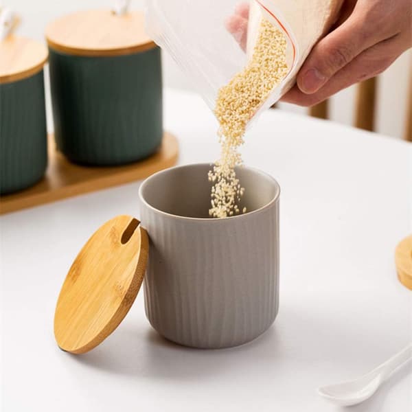 Set of 2 Ceramic Spice Jars with Lids and Spoons, for Kitchen and Table, Grey