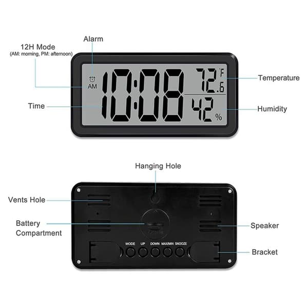 2X Digital Alarm Clock, Desk Clock, Battery Operated LCD Electronic Clock Decoration for Bedroom Kitchen Office - Black