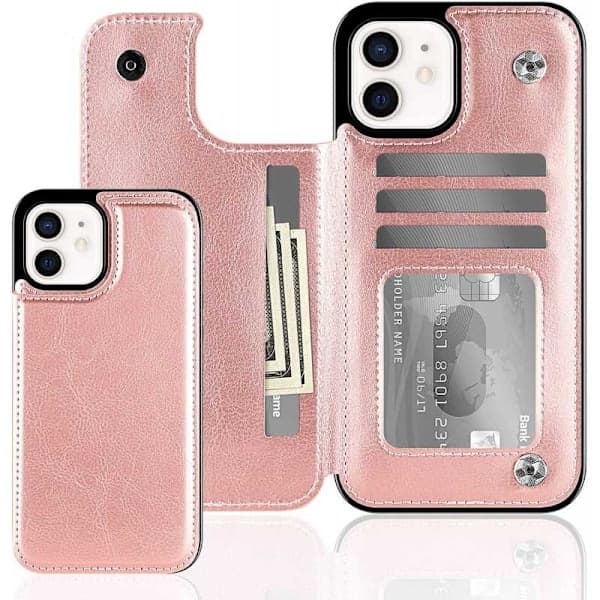 iPhone 12 / 12 Pro Støtsikkert Deksel Kortholder 3-ROM Flippr Rosegull Rosegull Rosenguld