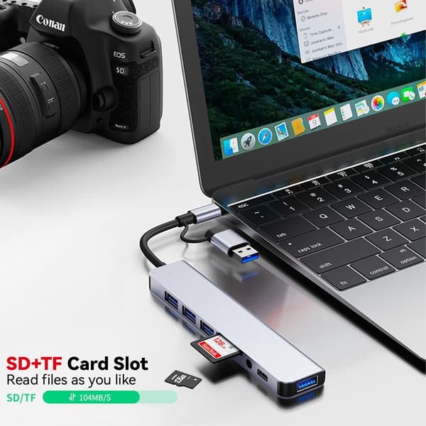 8-i-1 USB C Hub Splitter TF/SD-kortleser 4 USB-porter 3,5 mm lydutgangsadapter for MacBook Pro iPad Pro