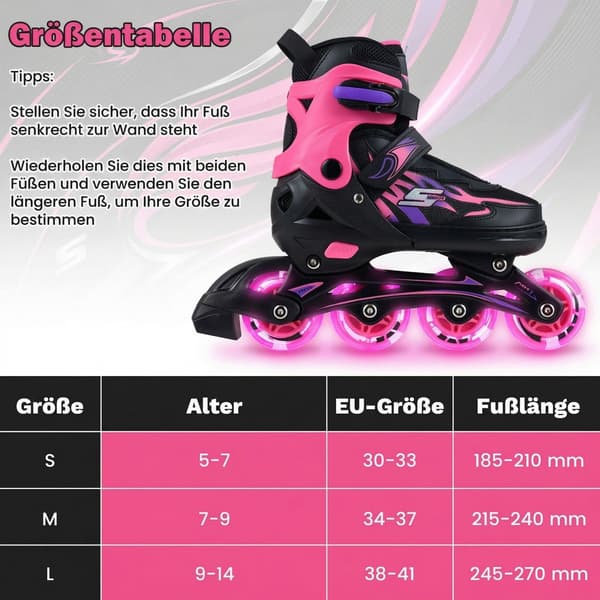 Justerbare børnerulleskøjter med lysende hjul, pink
