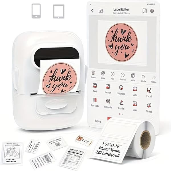 P50 Bærbar Termisk Skriver. Ideell for hjemmet, merking og detaljhandel. Kompatibel med Android/iOS. (Hvit) Blanc Blanc
