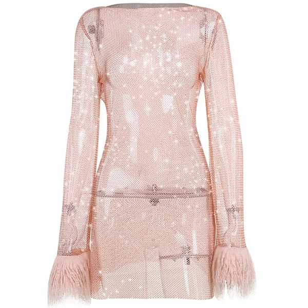 Women's Party Dress Sequin Mini Dress Pink Long Sleeve Solid Color, A