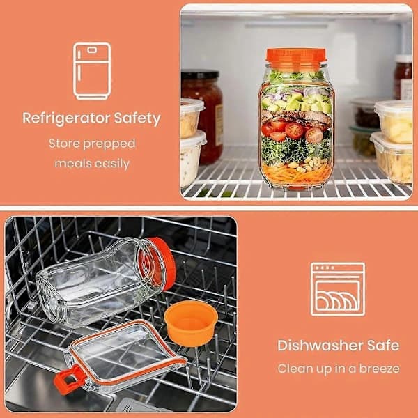 Salad Jars with Leak-Proof Dressing Container, Reusable Lunch Box with Side Opening for Salads, Snacks, and Oats, 2-Pack Green Orange