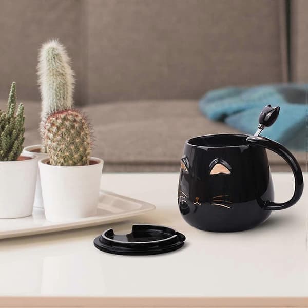 Home Mug, Cute Ceramic Coffee Mug with Stainless Steel Spoon, Novelty Coffee Mug (Black Cat)