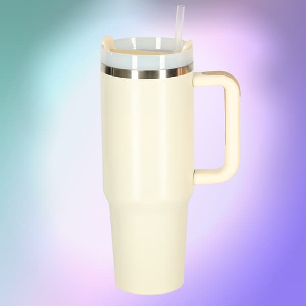 Termisk krus med sugerør og håndtak, 1200ml, krem
