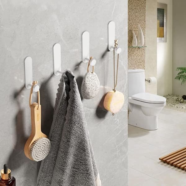 Self-adhesive hook, 4 pcs aluminum bathroom wall hook without drilling waterproof towel holder, tea towel hanger kitchen office hooks, white