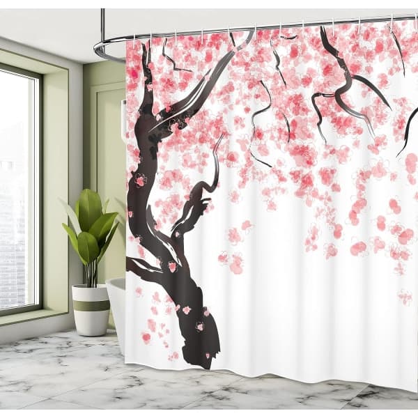 Blomstret badeforhæng, 180x200 cm, Rosa Sort Kirsebærblomst[JUN]