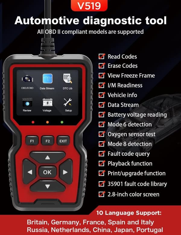 V519 Avansert OBD2 Diagnostisk Skanner - Kodeleser - Støtter OBD2/OBDII Protokoller