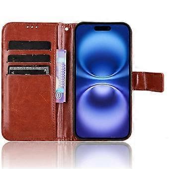 Kompatibelt etui til iPhone 16 Plus, Crazy Horse-tekstur, PU-læder, pung-etui (brun)