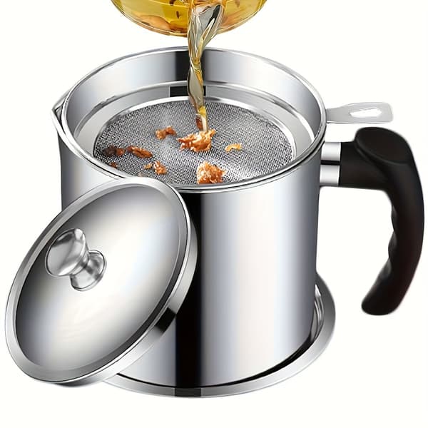 Stainless Steel Grease Container with Strainer and Pour Handle for Kitchen Oil Storage Silvery Silvery