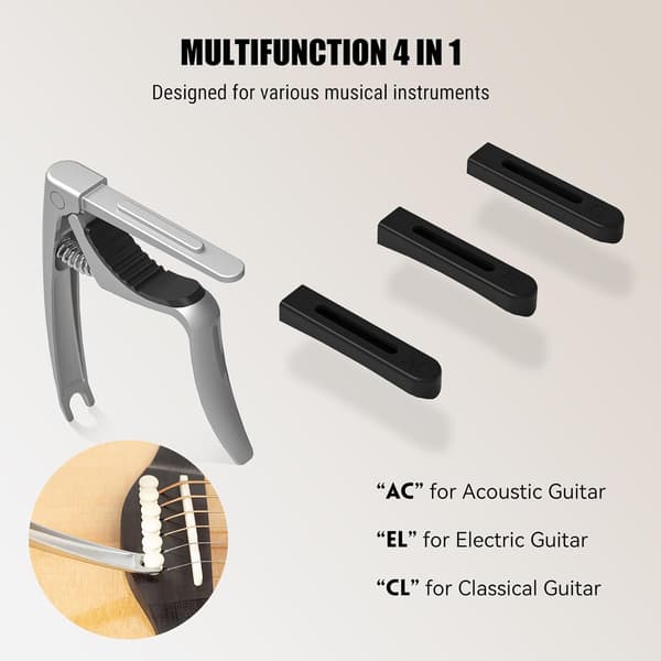 Guitar Capo, 4-in-1 Capo with Bridge Pin Puller, Capo for Acoustic Electric Classical Guitar, 3 Silicone Heads, Silver silver