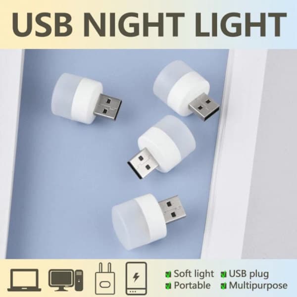 5-pakning USB bærbar LED Mini Nattlampe Liten Rund Lampe HVIT WHITE