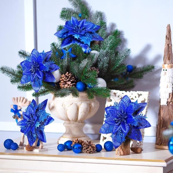 25 stk. juleblomster, blå kunstige blomster med klips og blomsterstilk