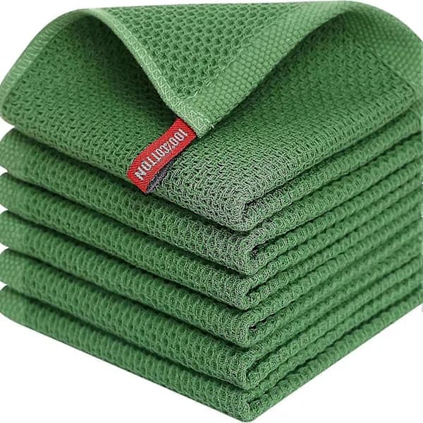 Waffle Weave Cotton Kitchen Towels, Quick Dry Absorbent Cleaning Cloths with Hanging Loop for Kitchen, 6-Pack 34 x 34 cm Green Green